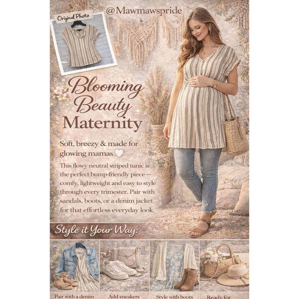 Sweet Wanderer Maternity Striped Tunic Top Beige Black Empire Waist Large